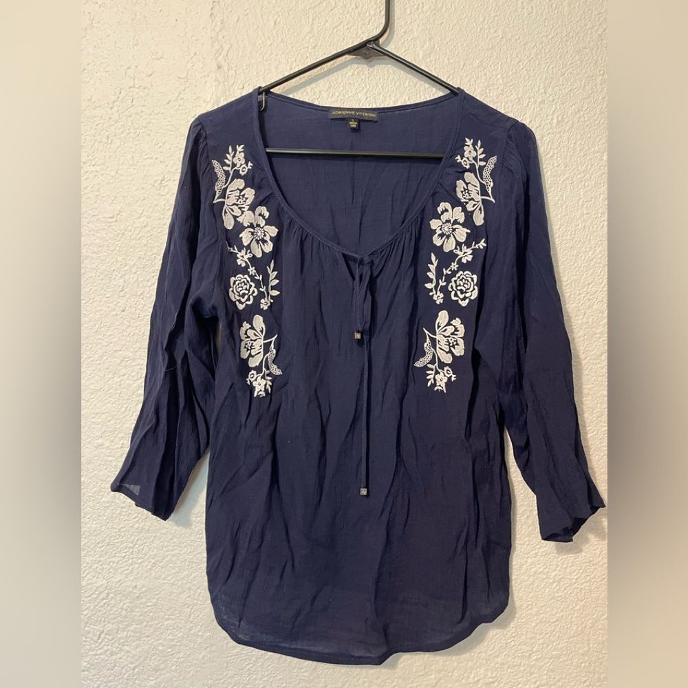 Adrienne Vittadini Blue Relaxed Tie Front Blouse